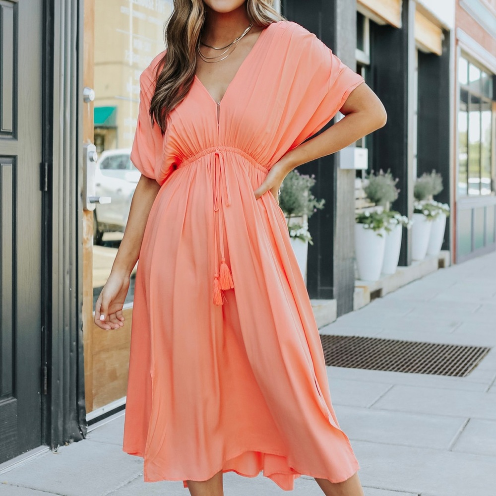 •NEW• Coral Kimono Sleeve Midi Dress